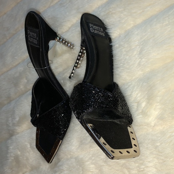 Pierre Dumas jewelled silver heel black beaded kitten slides heels 7 - Picture 4 of 11